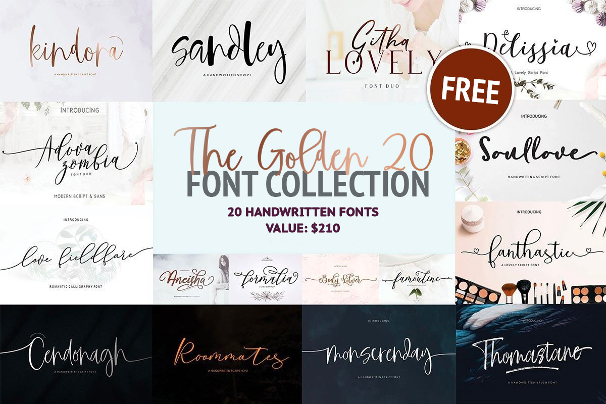 Golden twenty font collection preview showing a curated range of decorative typefaces