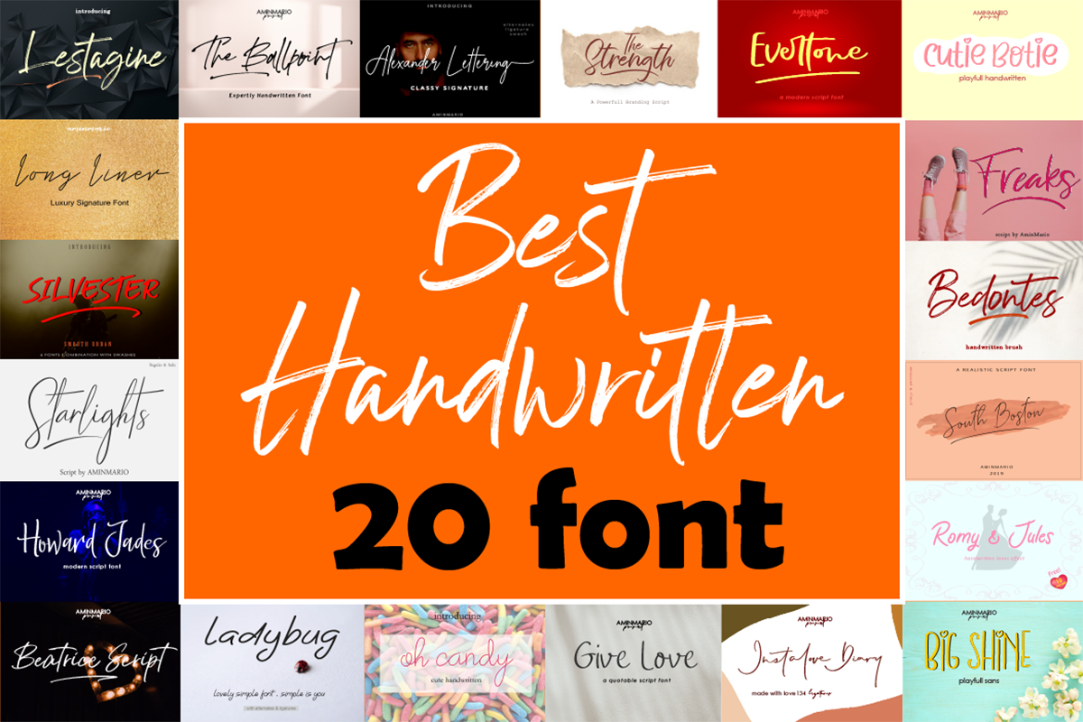Handwritten font bundle preview with expressive script and signature lettering