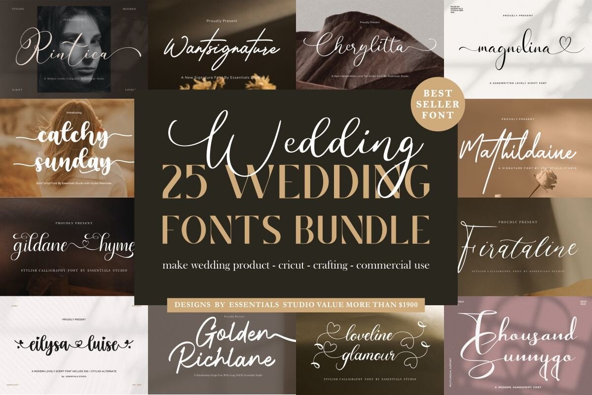 Elegant wedding calligraphy font bundle preview with refined script lettering