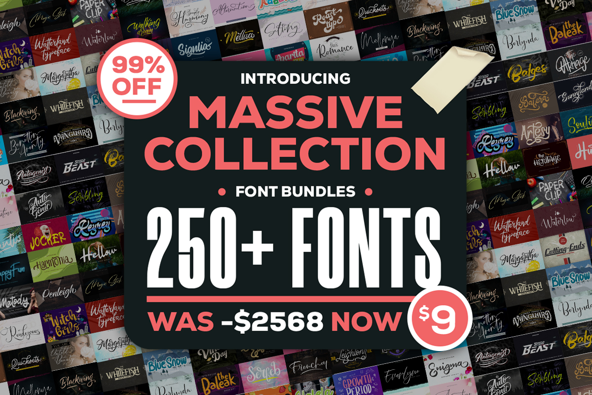 Massive font collection bundle preview with many contrasting typography styles