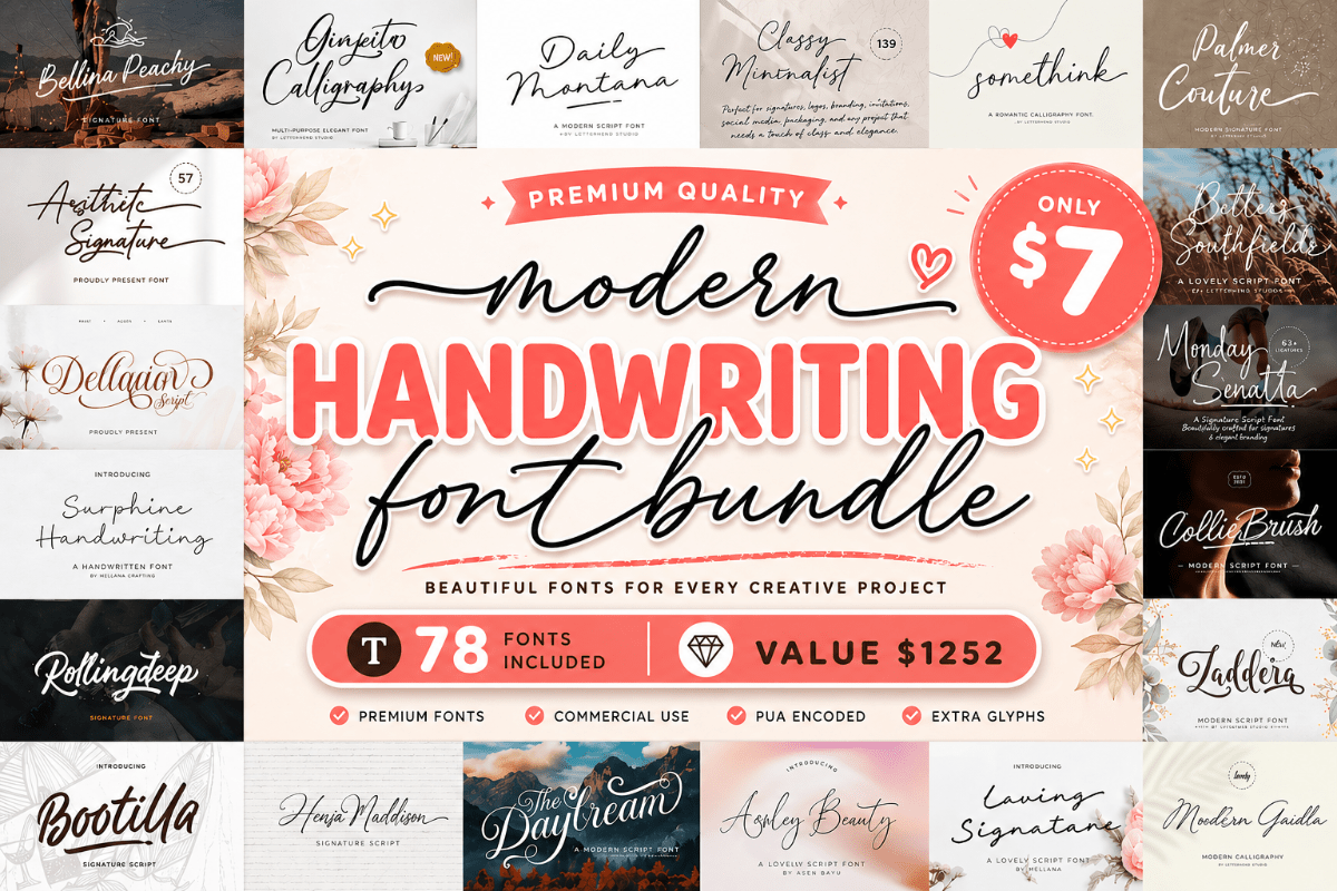 Modern handwriting font bundle preview with elegant script and signature lettering