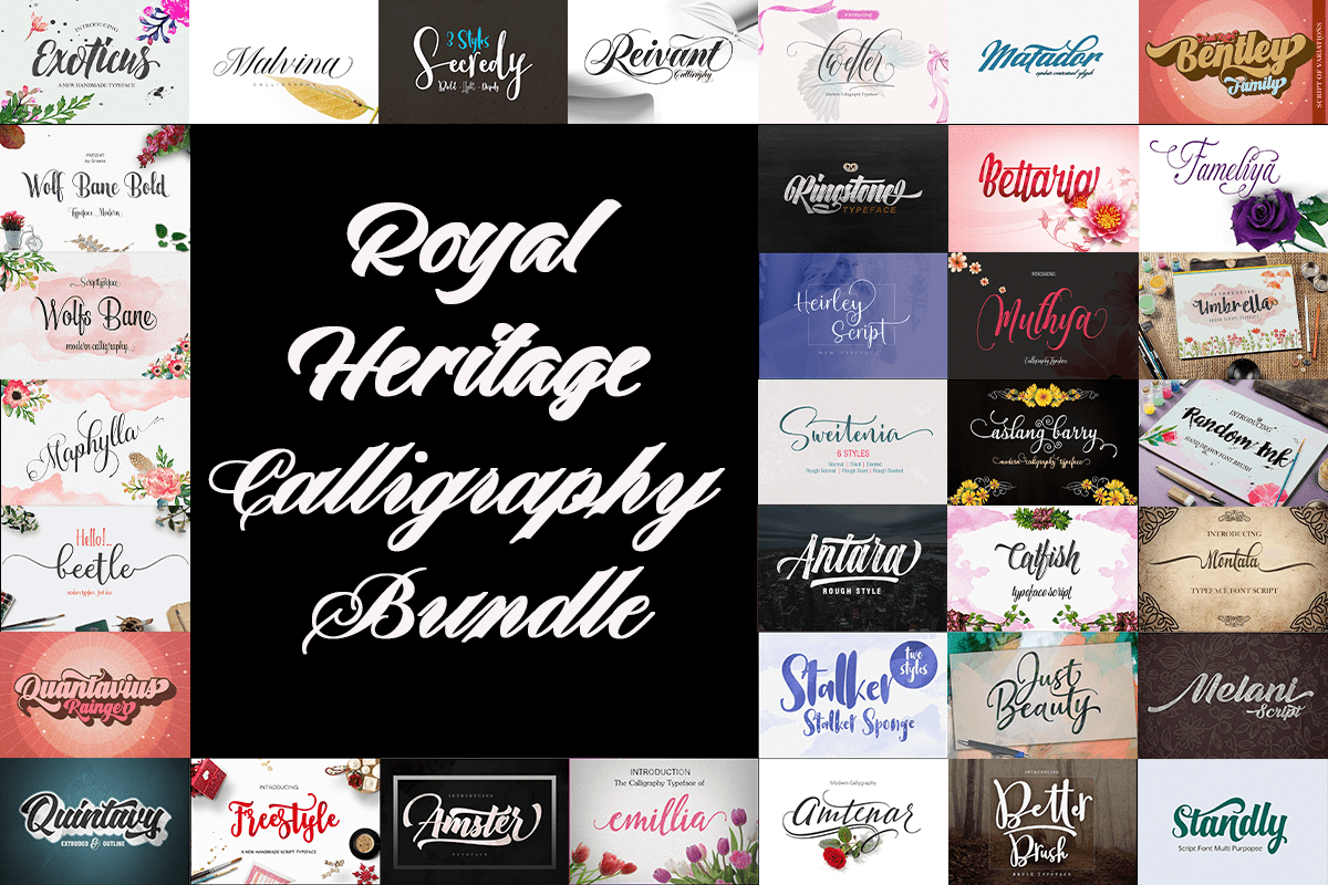 Royal heritage calligraphy bundle preview with ornate classic lettering