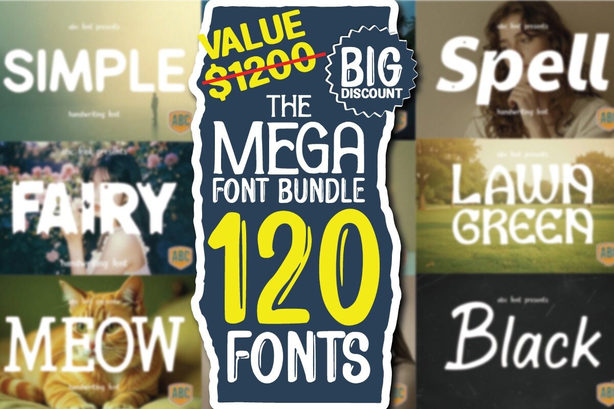 Mega font bundle preview featuring a broad collection of decorative lettering styles