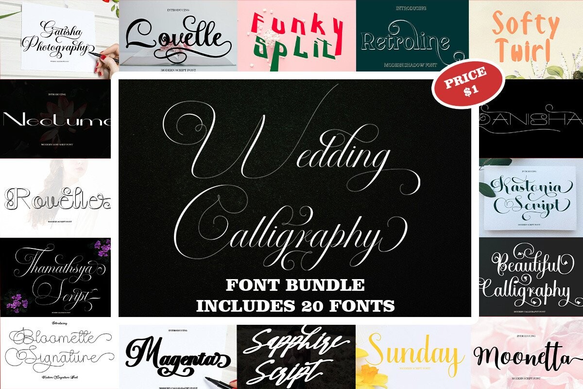 Wedding calligraphy font bundle preview with romantic script lettering